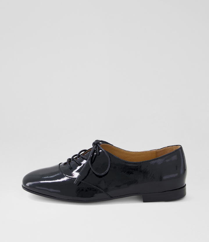 Image of Flats. Product name - Ini Black Patent Leather Lace Up Flats in Black colour by brand - MIDAS