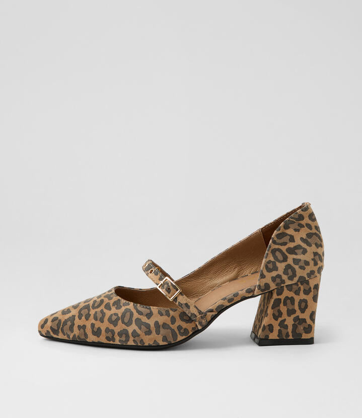 Image of Heels. Product name - Morrily Camel Leopard Suede Pump Heels in Camel Leopard colour by brand - MIDAS