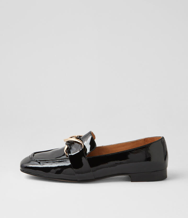 Image of Flats. Product name - Pinny Black Patent Leather Loafers in Black colour by brand - MIDAS