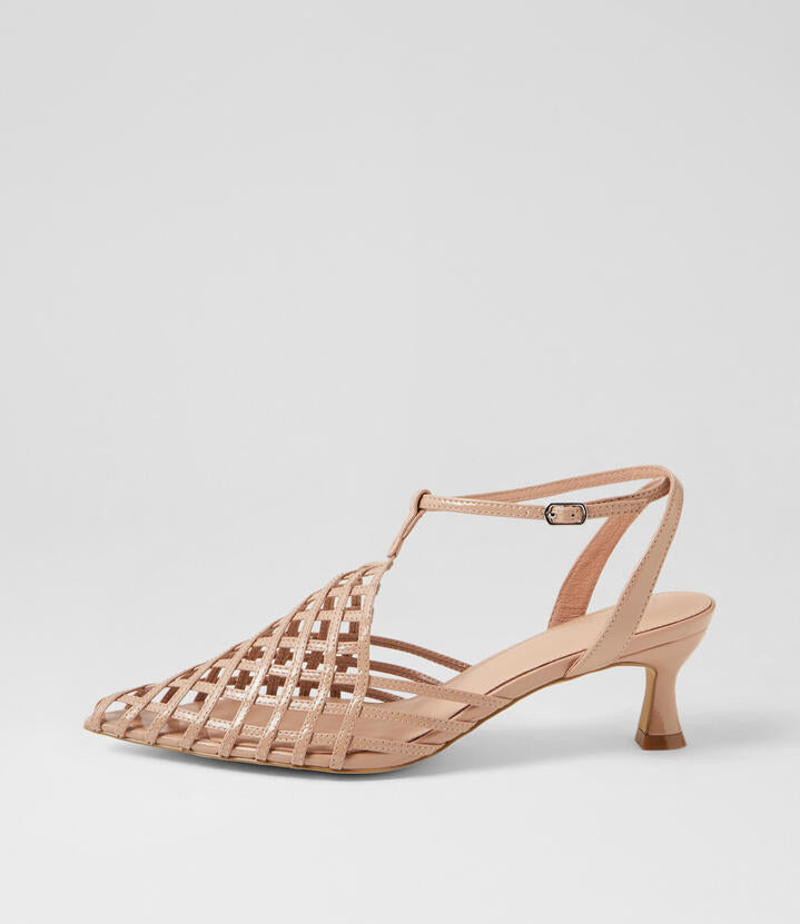 Image of Heels. Product name - Glee Nude Patent Leather Pump Heels in Nude colour by brand - MOLLINI