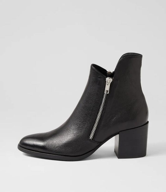 Image of Boots. Product name - Zeth Black Leather Ankle Boots in Black-Black Heel colour by brand - MIDAS