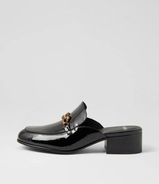 Image of Sandals. Product name - Jasper Black Patent Leather Mules in Black colour by brand - MOLLINI
