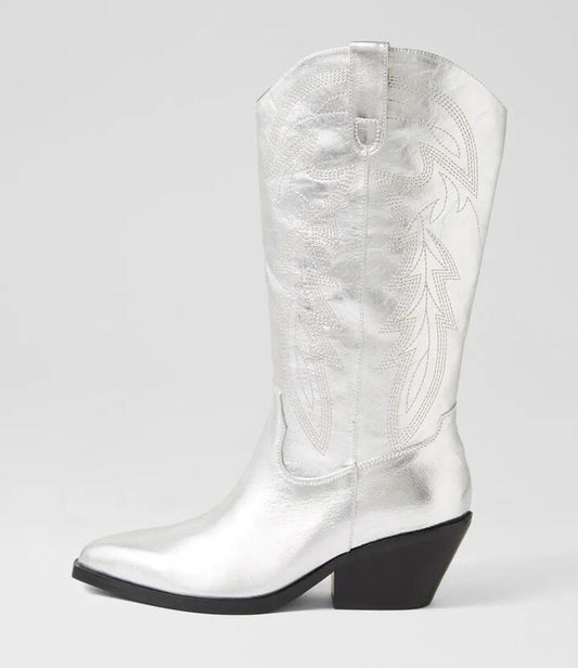 Image of Boots. Product name - Riders Silver Leather Knee High Boots in Silver colour by brand - MIDAS