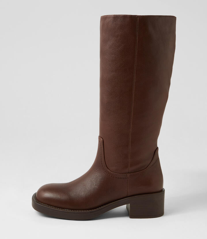 Image of Boots. Product name - Kevini Choc Leather Knee High Boots in Choc colour by brand - MOLLINI