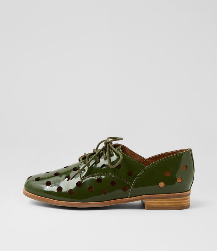 Image of Flats. Product name - Quartet Dark Khaki Patent Leather Lace Up Flats in Dk Khaki colour by brand - MOLLINI