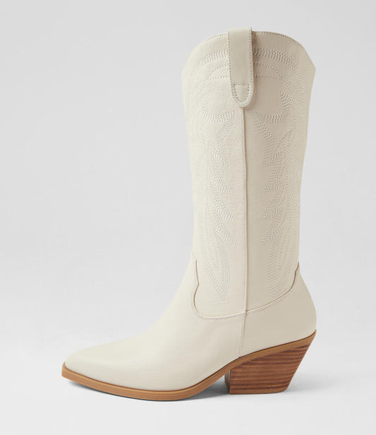 Image of Boots. Product name - Riders Cream Leather Knee High Boots in Cream colour by brand - MIDAS