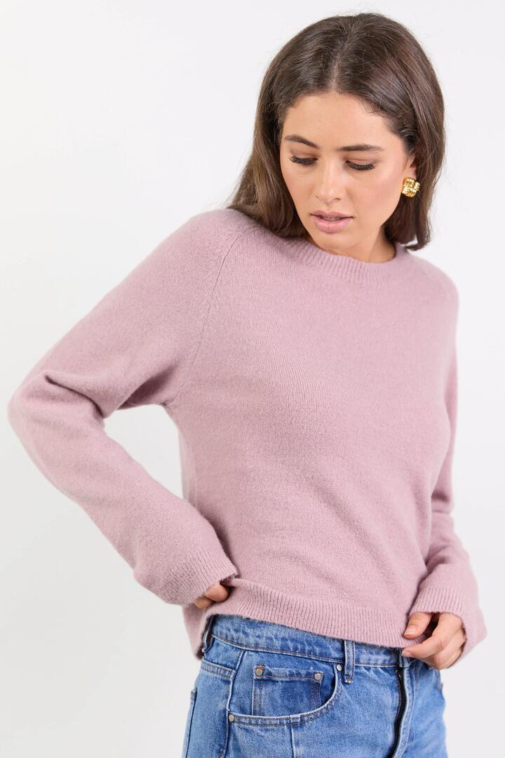 Image of a model wearing Outerwear. Product name - Camelia Blush Alpaca Blend Long Raglan Sleeve Crewneck Knit Jumper in Blush colour by brand - Stories be Told
