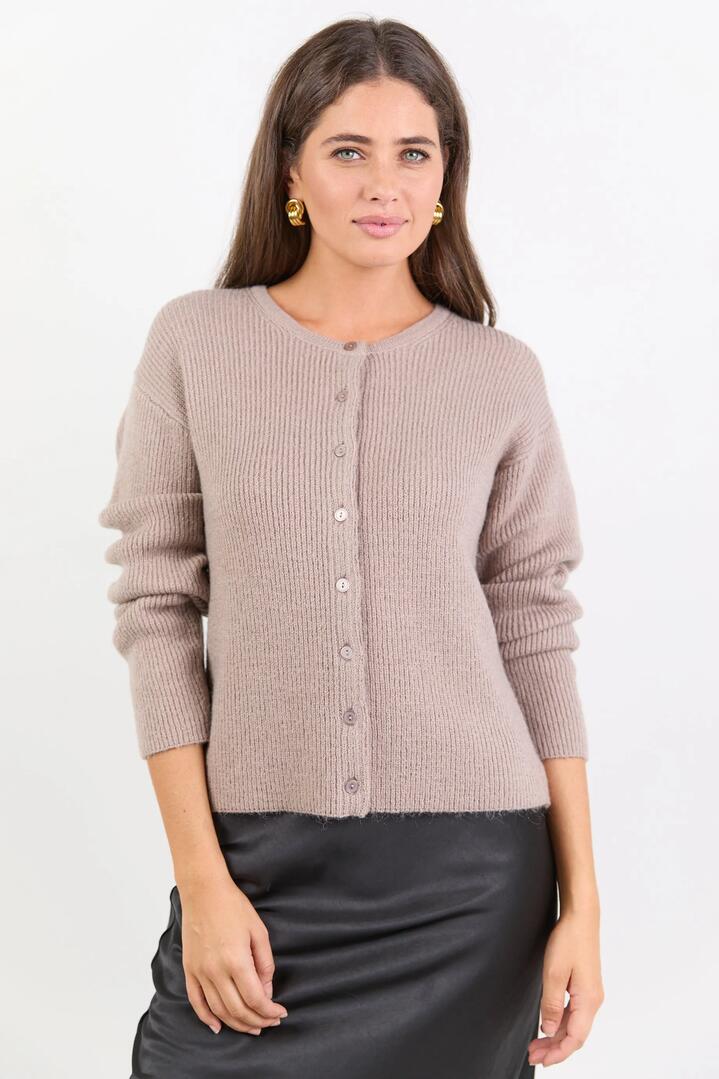 Image of a model wearing Outerwear. Product name - Daydream Mushroom Crewneck Rib Fluffy Cardigan in Mushroom colour by brand - Among the Brave