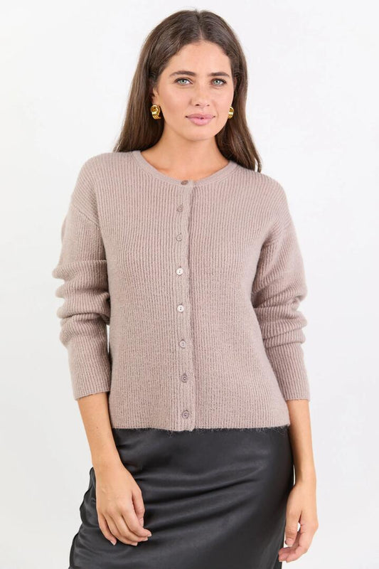 Image of a model wearing Outerwear. Product name - Daydream Mushroom Crewneck Rib Fluffy Cardigan in Mushroom colour by brand - Among the Brave