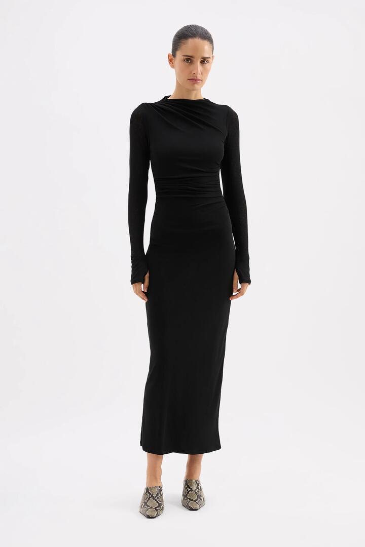 Image of Dresses. Product name - Juniper Black Mesh LS Maxi Dress in Black colour by brand - Nude Lucy
