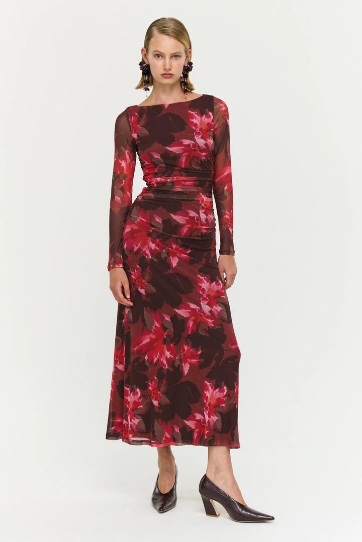 Image of Dresses. Product name - Amyra Bordeaux Garden Chocolate Mesh LS Midi Dress in Red colour by brand - Staple The Label