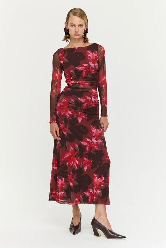Image of Dresses. Product name - Amyra Bordeaux Garden Chocolate Mesh LS Midi Dress in Red colour by brand - Staple The Label