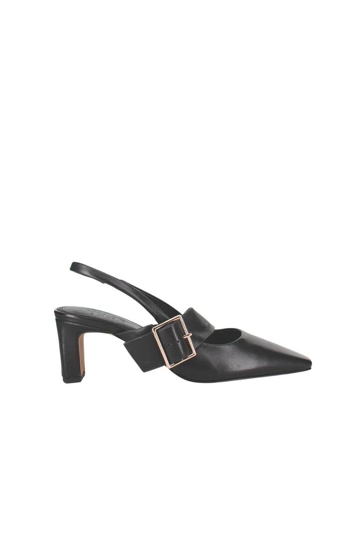 Image of Shoes. Product name - Oslo Black Leather Point Buckle Strap Pump in Black colour by brand - Nude