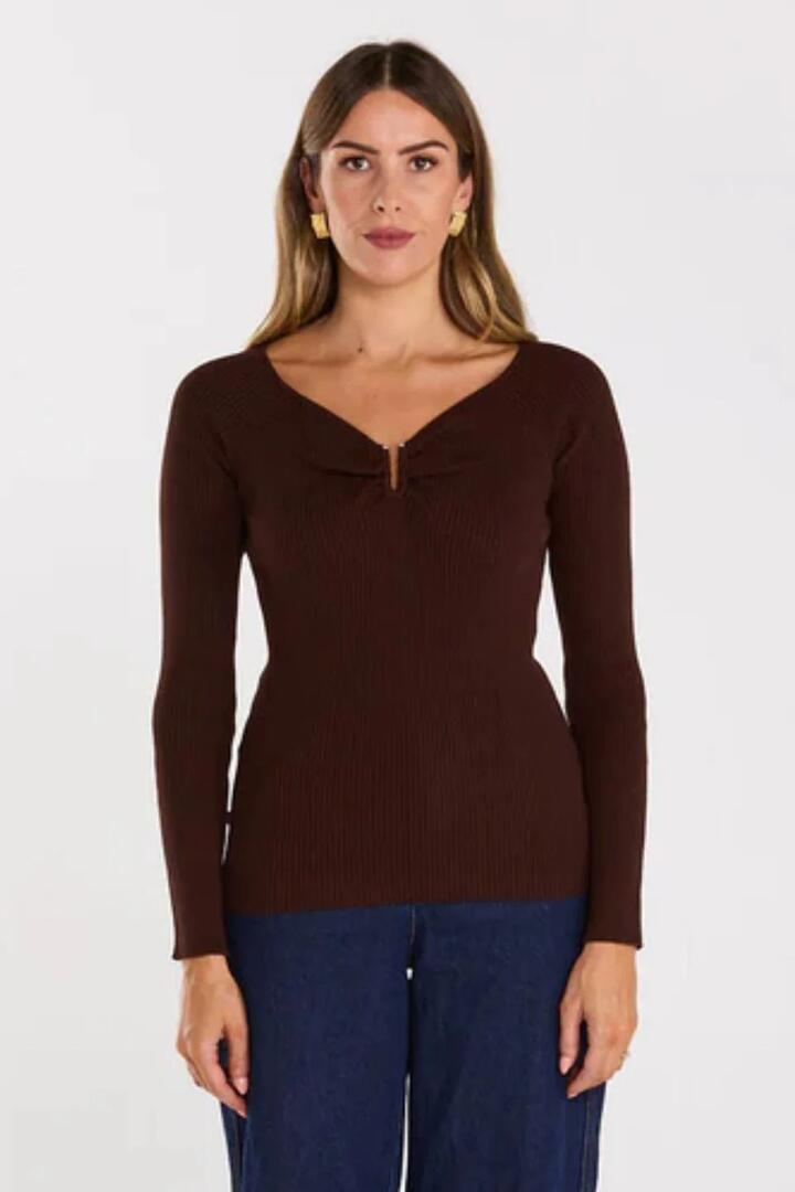 Image of a model wearing Outerwear. Product name - Loop Chocolate Ribbed LS Knit Top in Brown colour by brand - Thing Thing