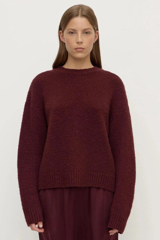 Image of a model wearing Outerwear. Product name - Ariel Merlot Alpaca Blend Knit in Red colour by brand - Assembly Label