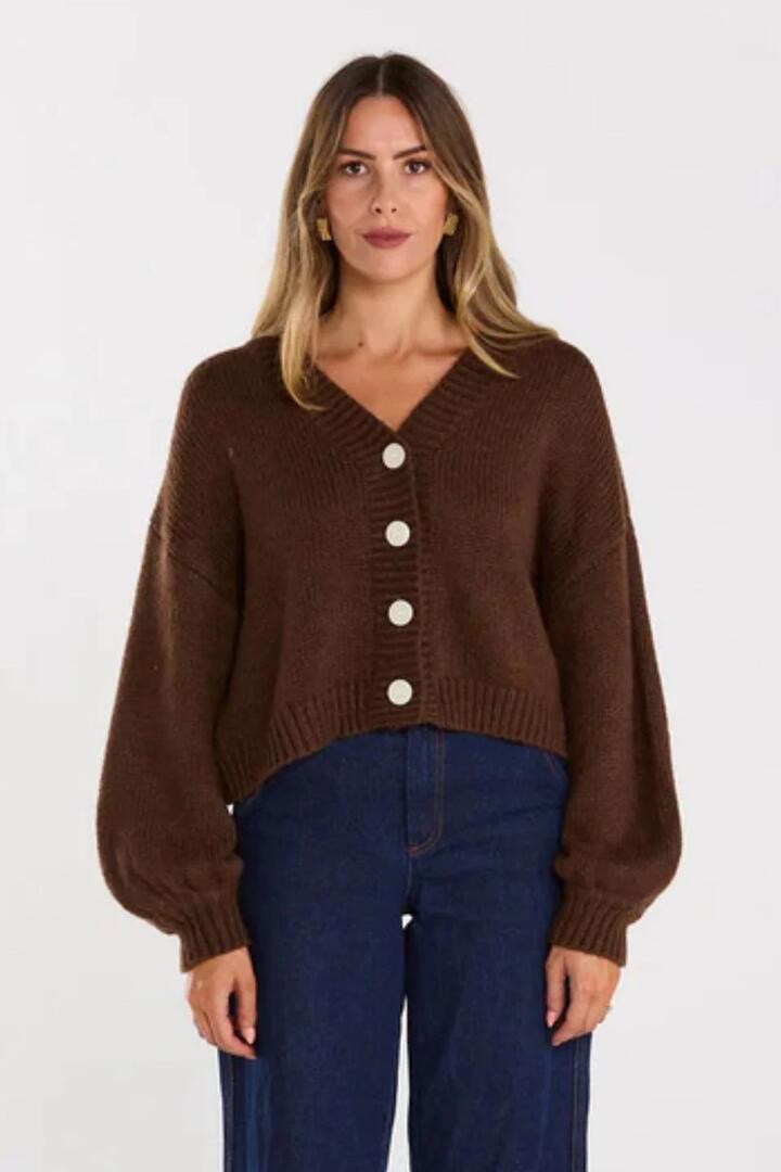 Image of a model wearing Outerwear. Product name - Huddle Chocolate Wool Blend Cardigan in Brown colour by brand - Thing Thing