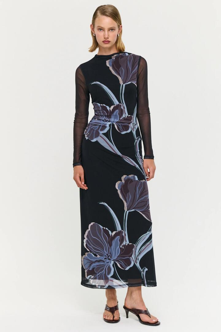 Image of Dresses. Product name - Stas Midnight Floral Black LS Mesh Maxi Dress in Navy colour by brand - Staple The Label