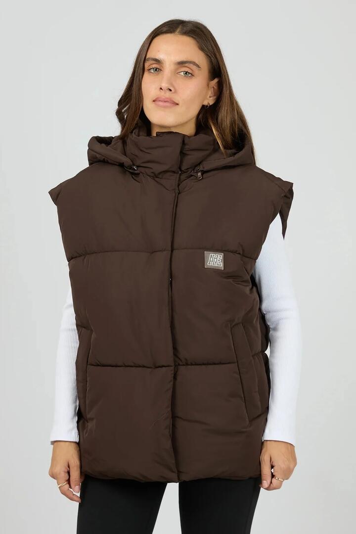 Image of Coats & Jackets. Product name - Elevate Chocolate Puffer Vest in Brown colour by brand - All About Eve