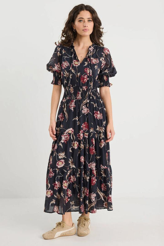 Image of Dresses. Product name - Charmant Black Wildflowers SS V Neck Tiered Midi Dress in Black Wildflowers colour by brand - Ivy + Jack