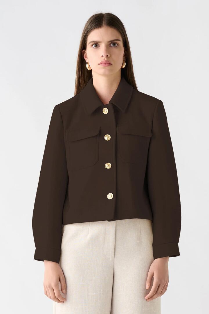 Image of Coats & Jackets. Product name - Capture Chocolate Wool Blend Gold Button Jacket in Brown colour by brand - Esmaee