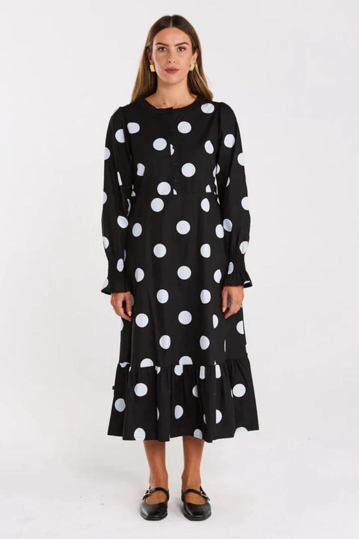 Image of Dresses. Product name - Duska Black Spotty Tiered Hem Midi Dress in Black colour by brand - Thing Thing