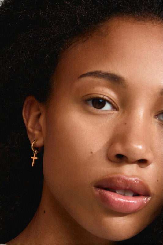 Image of Jewelry. Product name - Flynn Recycled Gold Cross Hoop Earrings in Gold colour by brand - Pilgrim