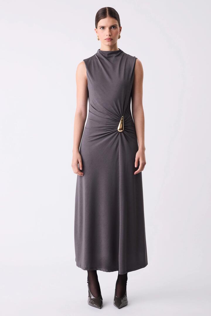 Image of Dresses. Product name - Layout Charcoal Gold Hardware Sleeveless Maxi Dress in Charcoal colour by brand - Esmaee