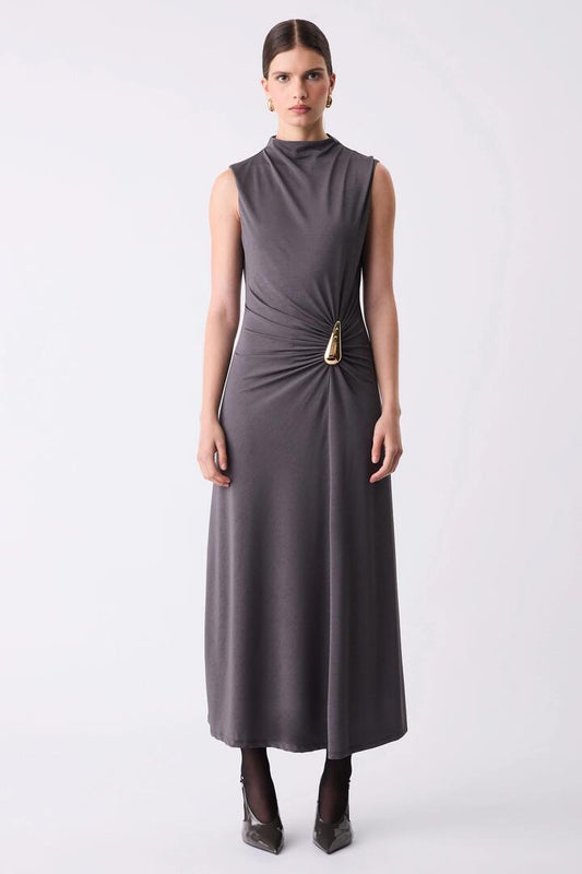Image of Dresses. Product name - Layout Charcoal Gold Hardware Sleeveless Maxi Dress in Charcoal colour by brand - Esmaee