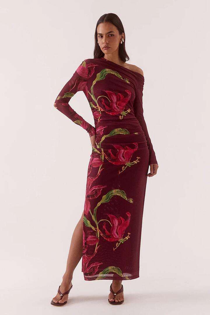 Image of Dresses. Product name - Azalea Vino Red Floral Print LS Maxi Dress in Red colour by brand - Sovere