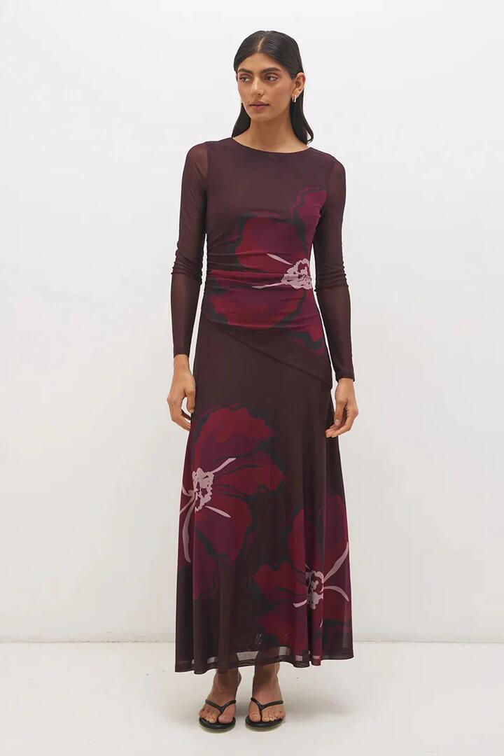 Image of Dresses. Product name - Lima Cherry Floral LS Mesh Maxi Dress in Red colour by brand - Mon Renn