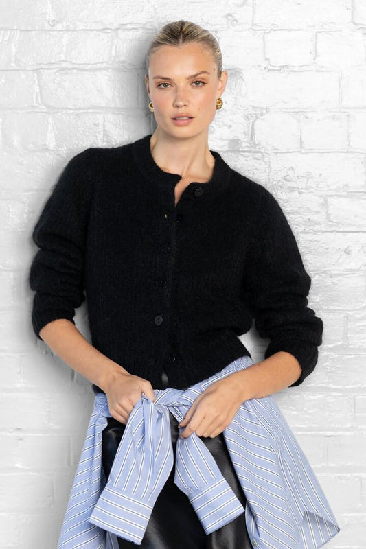 Image of a model wearing Outerwear. Product name - Highlight Black Mohair Blend Crewneck Cardigan in Black colour by brand - Ivy + Jack