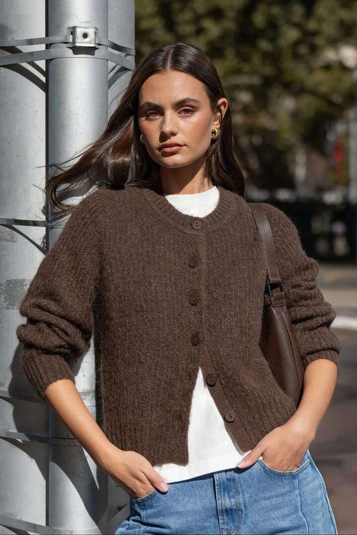 Image of a model wearing Outerwear. Product name - Highlight Chocolate Mohair Blend Crewneck Cardigan in Chocolate colour by brand - Ivy + Jack