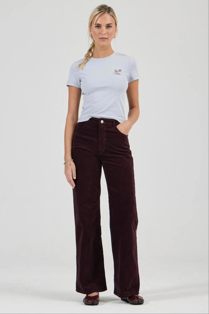 Image of a model wearing Pants. Product name - Sailor Dark Cherry Scoop Long Velvet Pant in Red colour by brand - Rollas