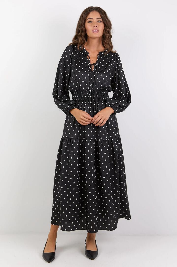Image of Dresses. Product name - Nuance Black Mini Polka Dot Long Sleeve V Neck Shirred Waist Tiered Midi Dress in Black Mini Polka Dot colour by brand - Ivy + Jack