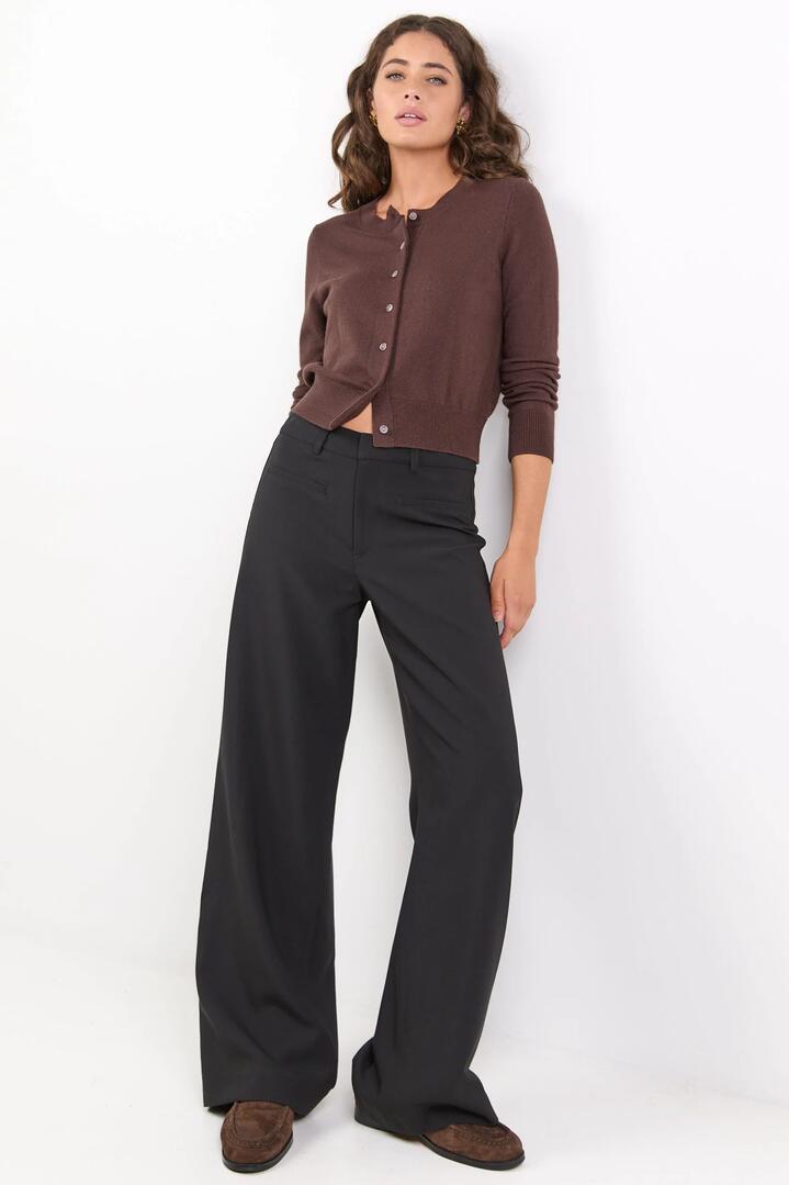 Image of a model wearing Pants. Product name - Fierce Black Mid Rise Stretch Wide Pants in Black colour by brand - Stories be Told