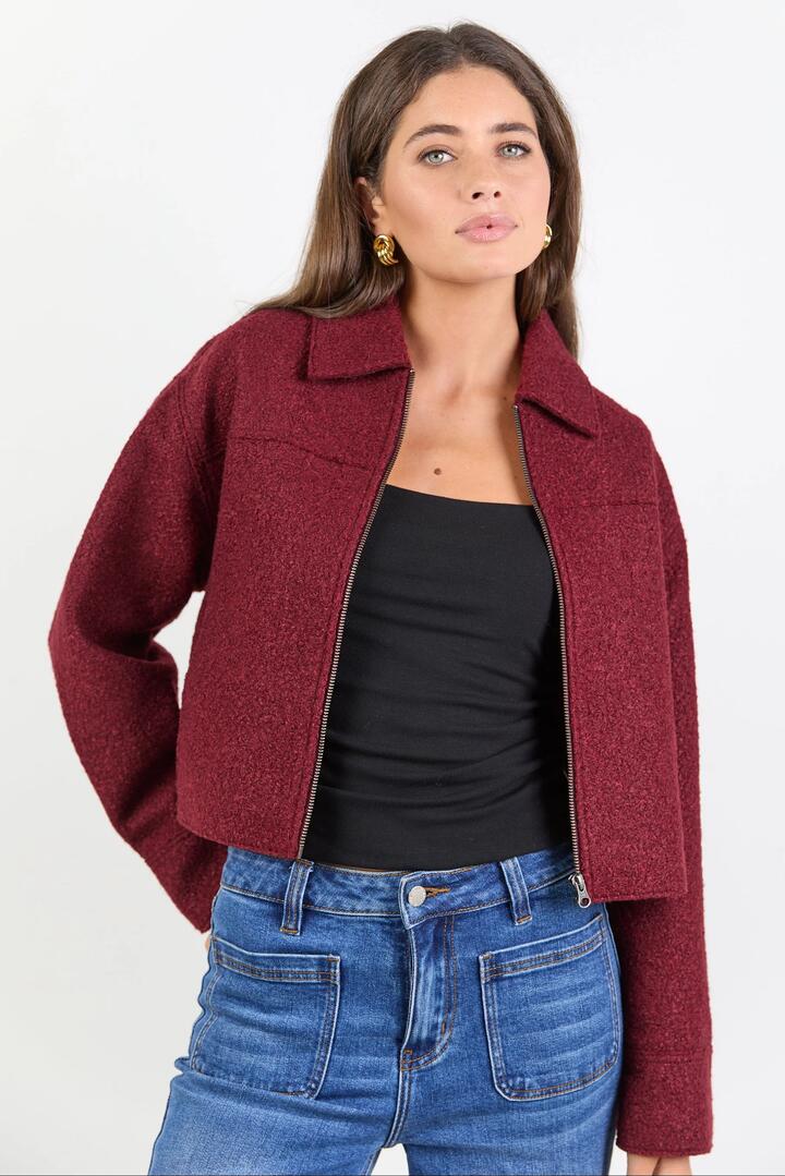 Image of Coats & Jackets. Product name - Dune Burgundy Boucle Zip Front Jacket in Burgundy Boucle colour by brand - Among the Brave