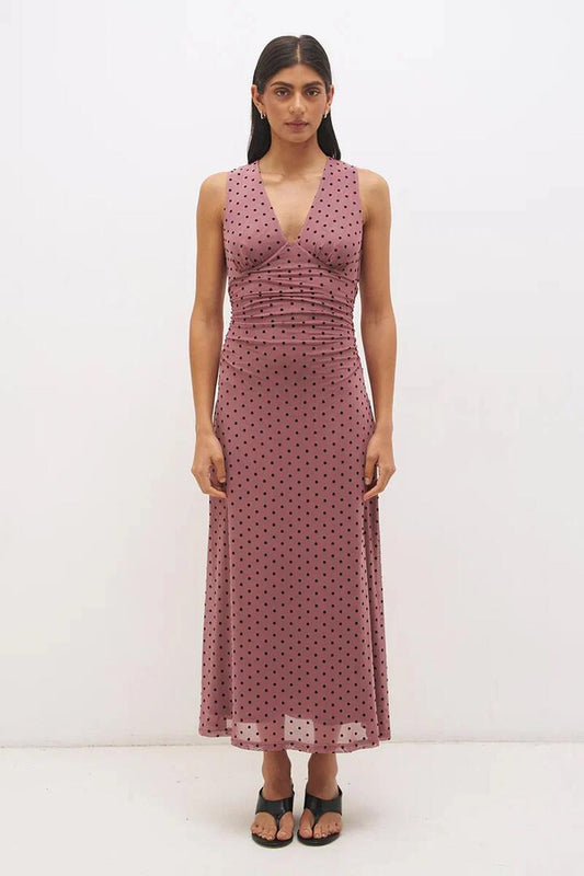 Image of Dresses. Product name - Sonata Rosewood Black Flocked Spot Sleeveless V Neck Mesh Maxi Dress in Black colour by brand - Mon Renn