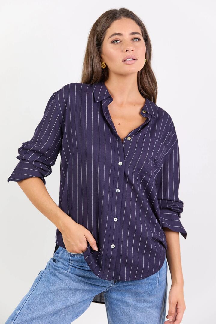 Image of Shirts. Product name - Exalted Navy Stripe Linen Viscose Oversized Shirt in Navy Stripe colour by brand - RE:UNION Label