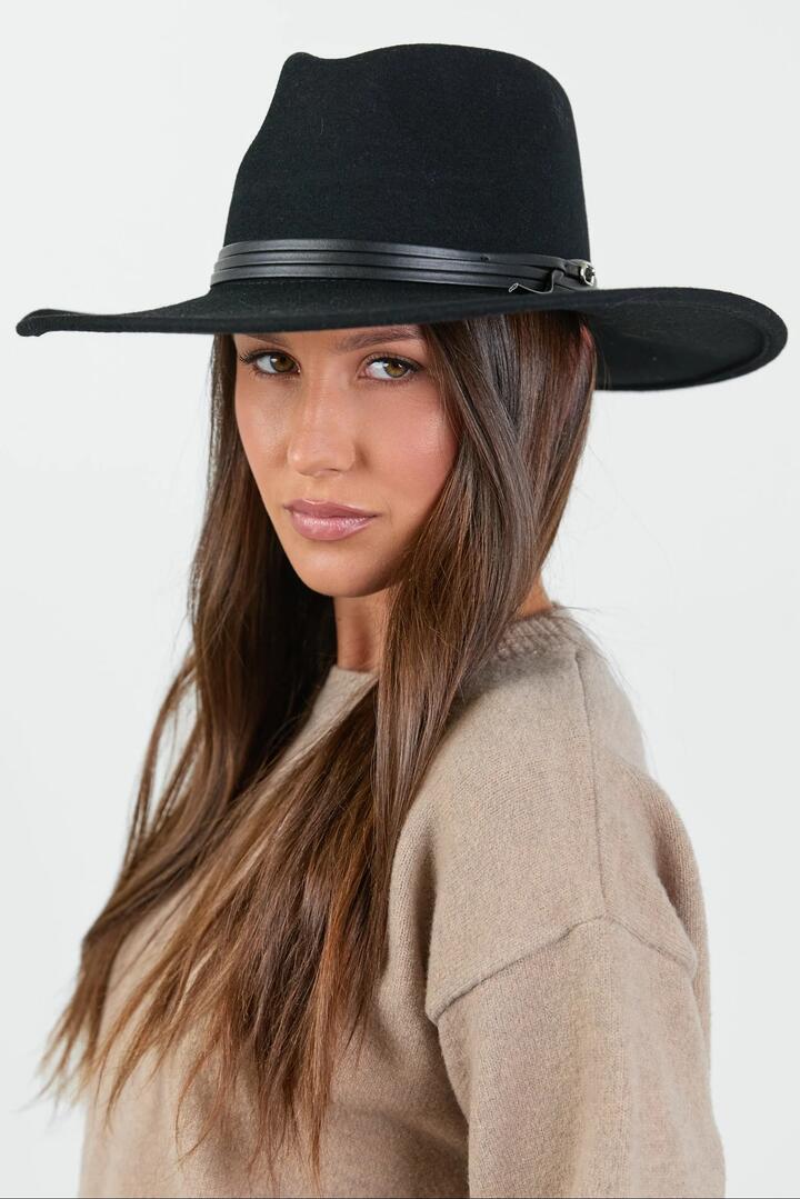 Image of Hats. Product name - Tessa Black Stacked Trim Panama Adjustable Wool Hat in Black colour by brand - Among the Brave