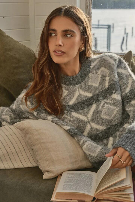 Image of a model wearing Outerwear. Product name - Zoia Charcoal Pattern Knit Crew in Charcoal colour by brand - All About Eve