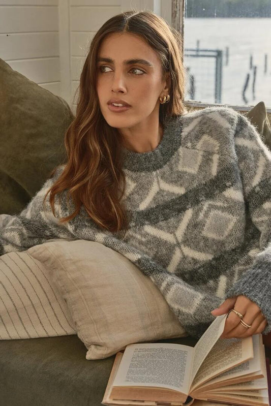 Image of a model wearing Outerwear. Product name - Zoia Charcoal Pattern Knit Crew in Charcoal colour by brand - All About Eve