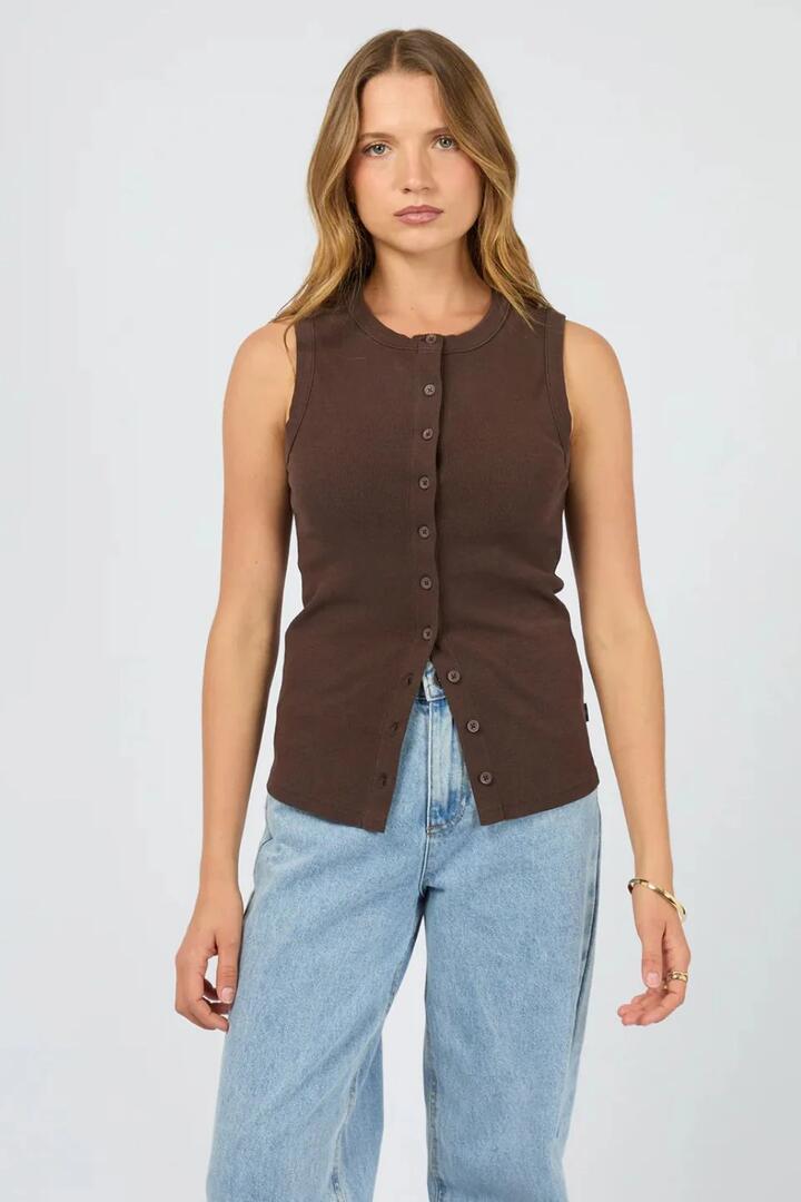 Image of a model wearing Tops. Product name - Button Up Chocolate Rib Sleeveless Tank in Brown colour by brand - Silent Theory