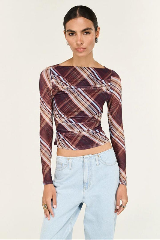 Image of a model wearing Tops. Product name - Arles Chocolate Check Mesh LS Top in Brown colour by brand - Staple The Label