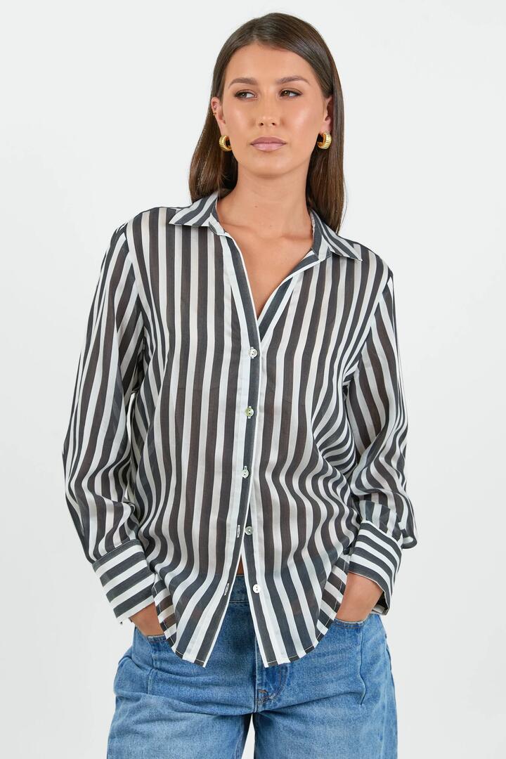 Image of Shirts. Product name - Narrative Black Stripe Semi Sheer Long Sleeve Shirt in Black Stripe colour by brand - Among the Brave