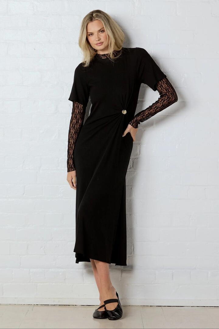 Image of Dresses. Product name - Anchor Black Waist Buckle Short Sleeve Knit Maxi Dress in Black colour by brand - Stories be Told