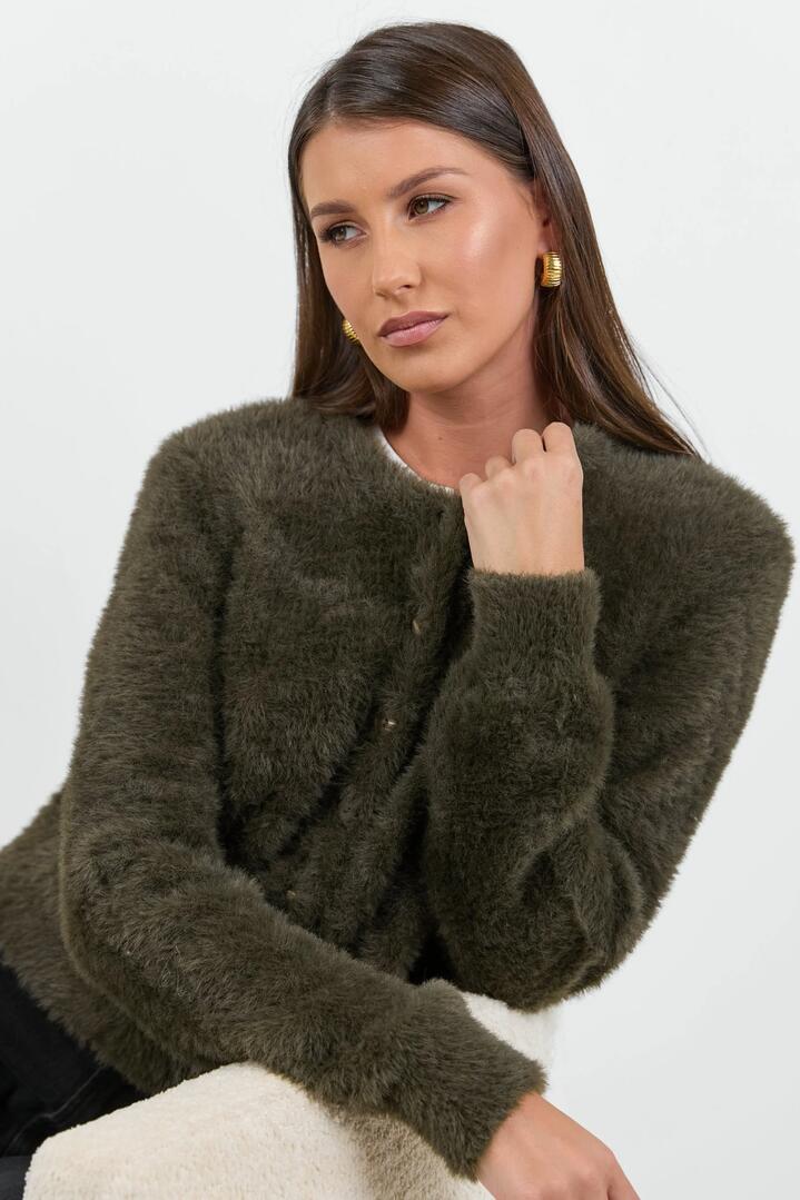 Image of a model wearing Outerwear. Product name - Sequel Khaki Fluffy Knit LS Cardigan in Khaki colour by brand - Ivy + Jack