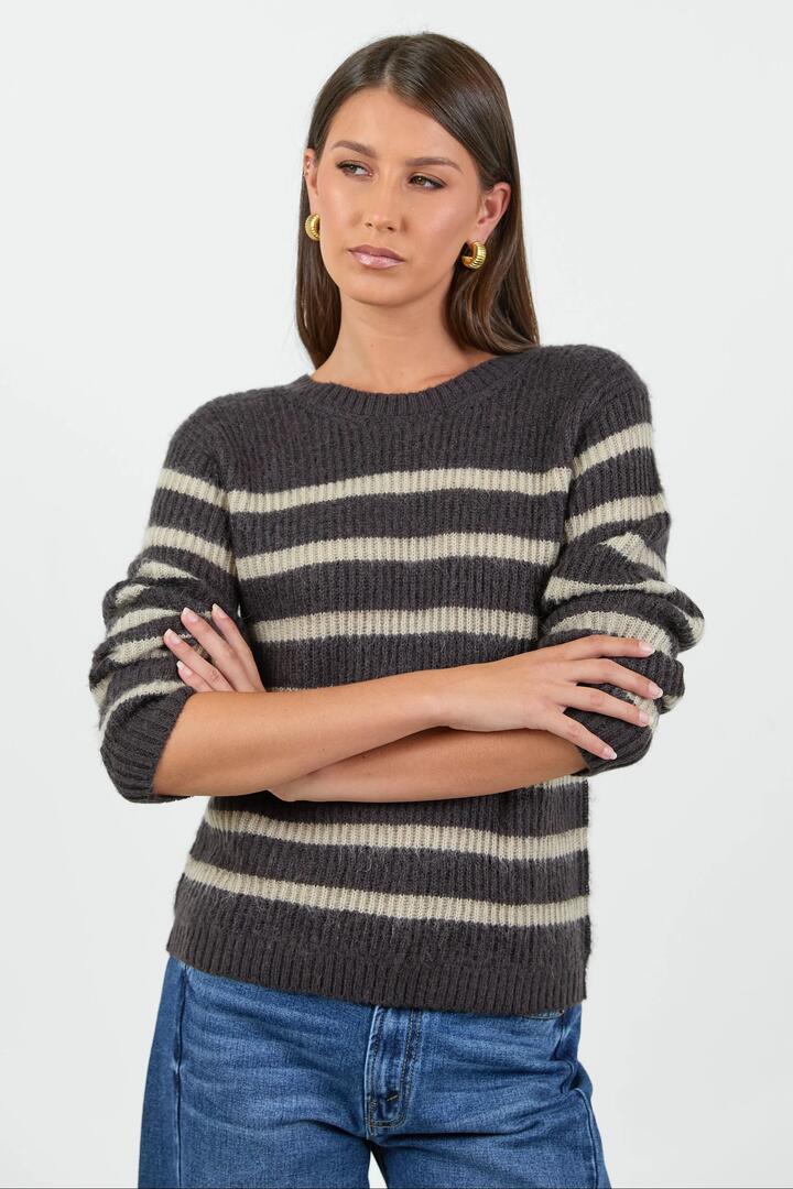 Image of a model wearing Outerwear. Product name - Routine Chocolate Champagne Stripe LS Striped Fluffy Knit Jumper in Champagne Stripe colour by brand - Stories be Told