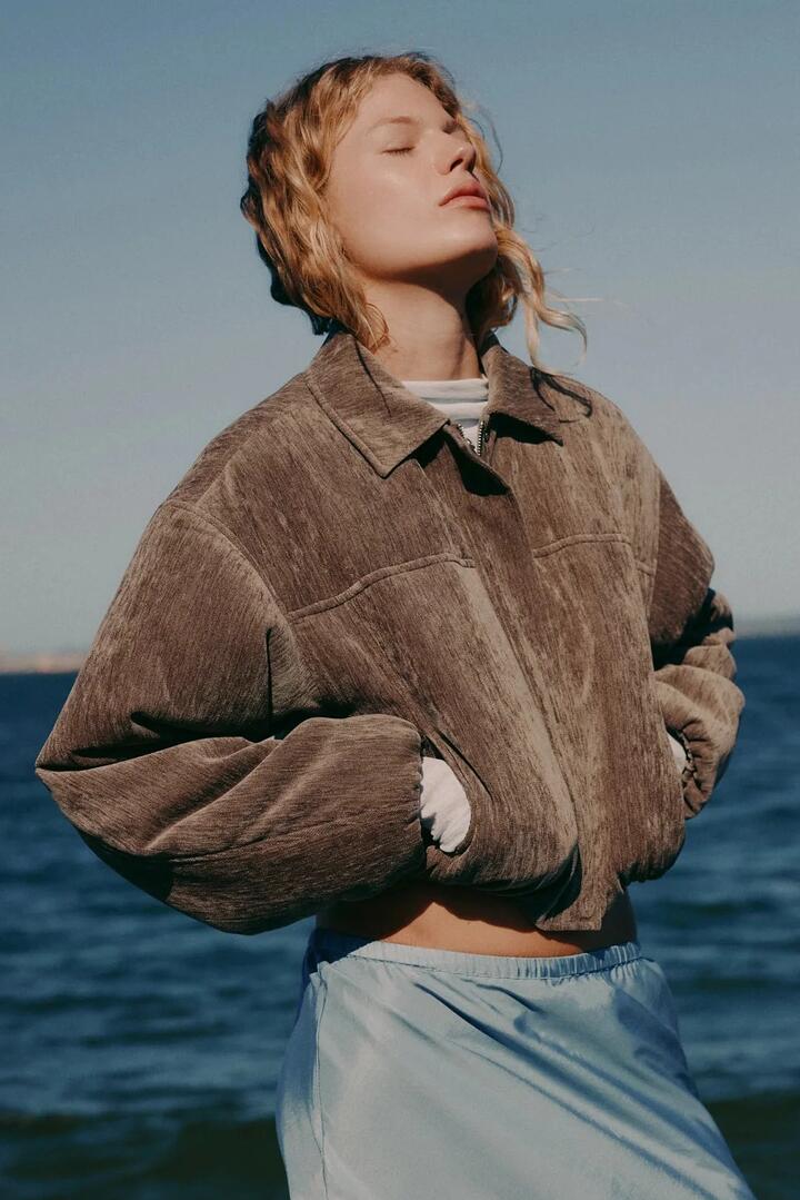 Image of Coats & Jackets. Product name - Sabina Driftwood Taupe Faux Suede Collared Bomber in Natural colour by brand - Nude Lucy
