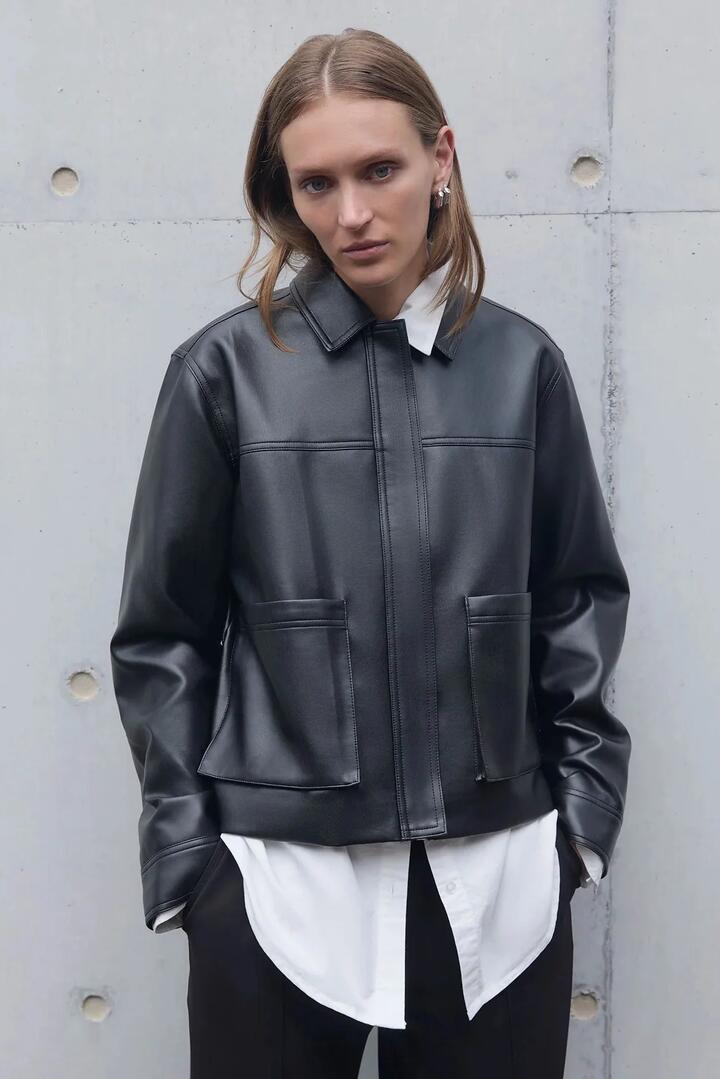 Image of Coats & Jackets. Product name - Maude Black Vegan Leather Jacket in Black colour by brand - Nude Lucy