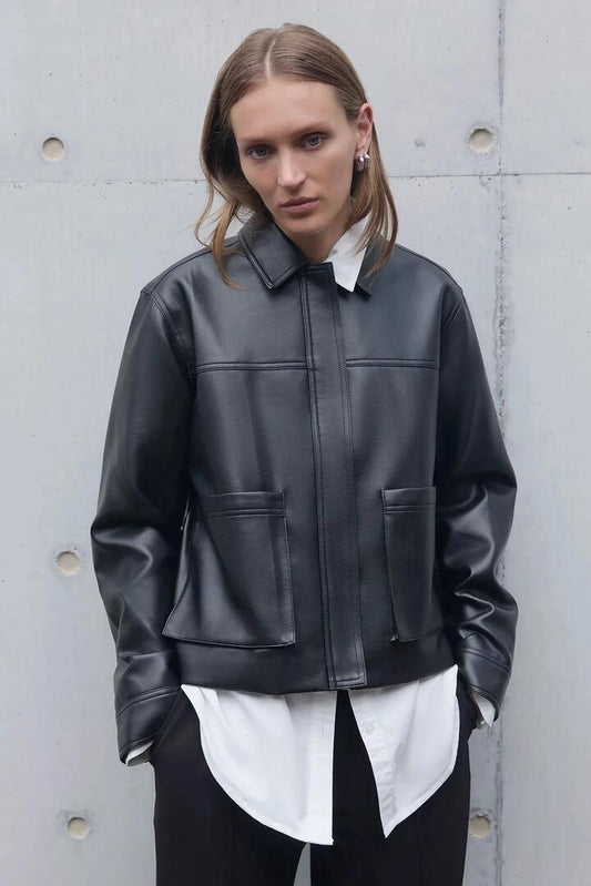 Image of Coats & Jackets. Product name - Maude Black Vegan Leather Jacket in Black colour by brand - Nude Lucy
